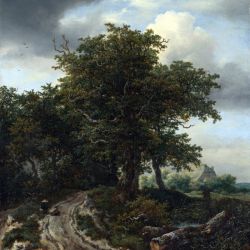A Road winding between Trees towards a Distant Cottage